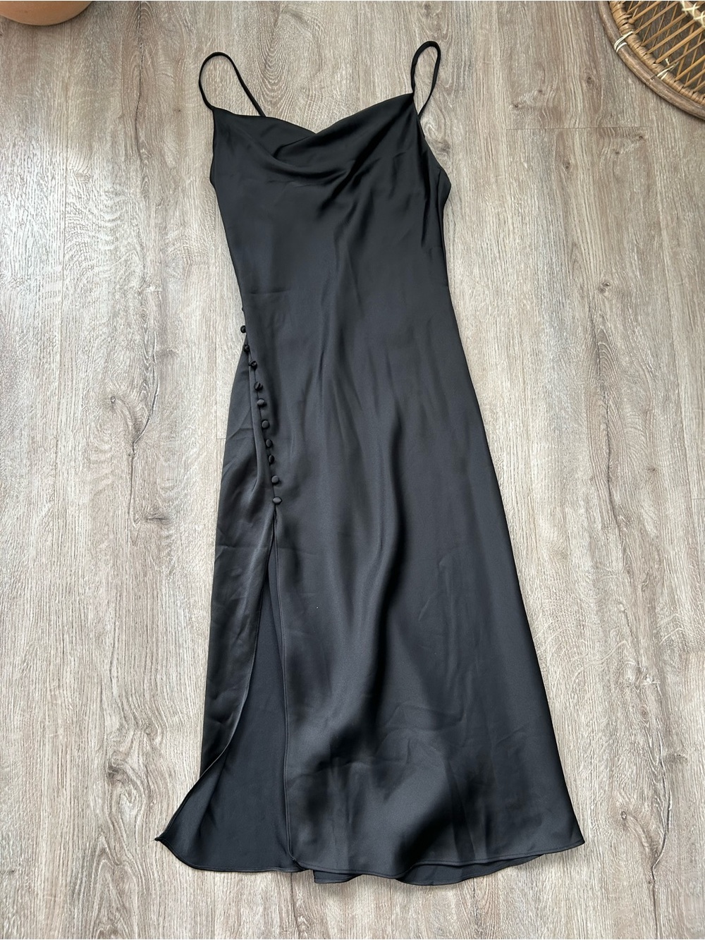 Zara Black Satin Midi Slip Dress with Side Button Slit Detail